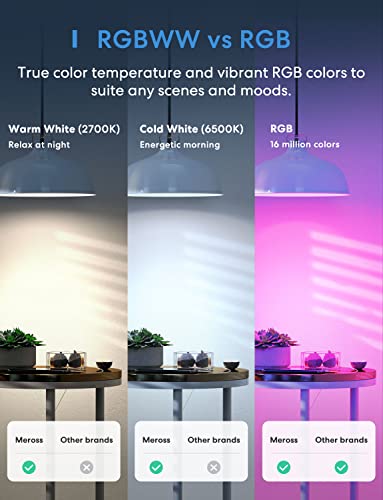 Meross Smart LED Lampe, WLAN dimmbare Glühbirne intelligente Mehrfarbige Birne Äquivalent 60W E27 2700K-6500K kompatibel mit Alexa, Google Home und SmartThings, Warmweiß, 1 Stück (1er Pack) - 4